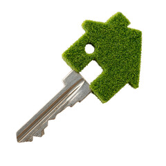 Green house key with grass eco-friendly home concept isolated on white background