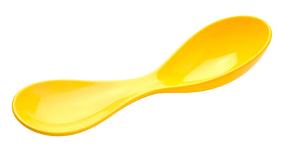 A vibrant yellow spoon, perfectly curved, isolated on a stark black background. It appears smooth and glossy