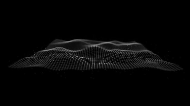Abstract Digital Wave Wireframe Mesh with Particles on Black Background