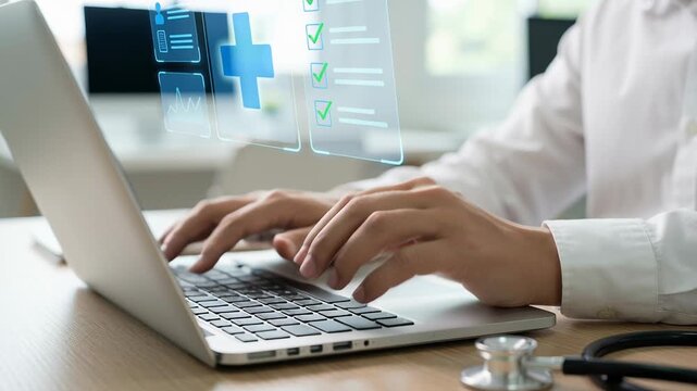 Medical check online checklist survey health care checkup research diagnosis report concept with typing on laptop keyboard stethoscope on table and medical icons on screen in office