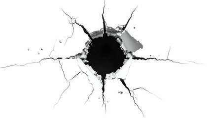 Close-up of a shattered glass effect, showcasing a central circular hole surrounded by radiating cracks and jagged edges
