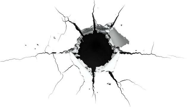 Close-up of a shattered glass effect, showcasing a central circular hole surrounded by radiating cracks and jagged edges