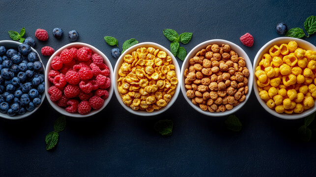 Fresh blueberries, raspberries, cornflakes, chocolate, and corn puff cereals in white bowls on dark background, perfect for healthy breakfast.