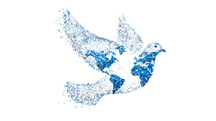 Dove Silhouette Flying with Global Map in Wings on White Background
