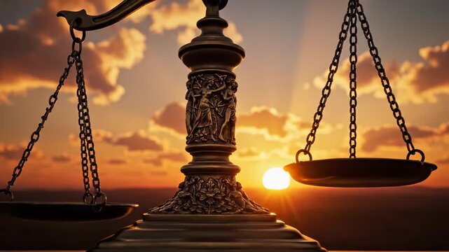 Symbol of justice scales under sunset. Legal system represents fairness and balance in society. Beautiful dramatic sky enhances atmosphere of truth and equity. Perfect for legal themes.