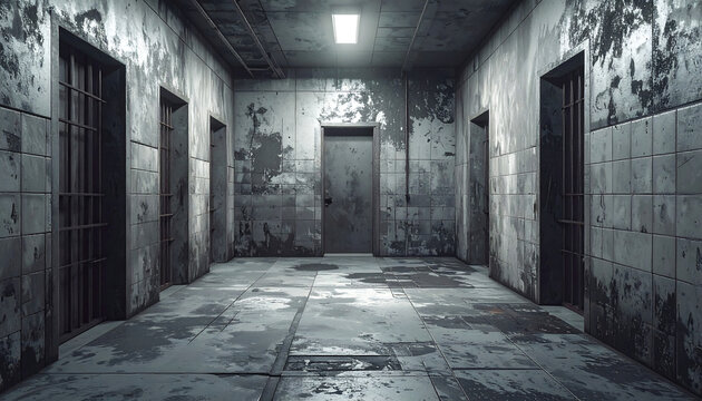 Abandoned prison cell corridor with peeling walls and bars shows jail's harsh environment.