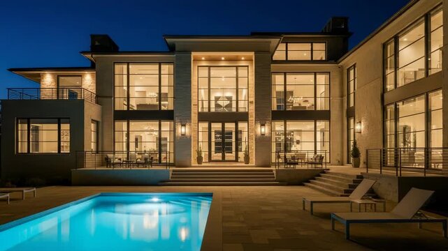 Luxury modern home with pool at dusk, perfect for high-end lifestyle promotions