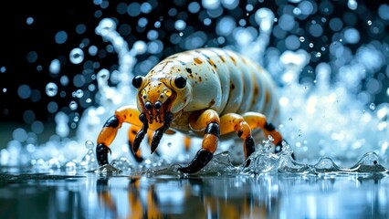Close up image of marine life with golden crabs treading on waves