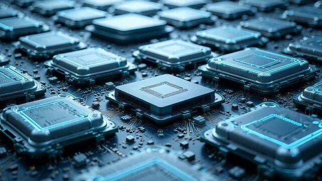 Macro view of glowing central processing unit chips densely packed on a futuristic computer circuit board