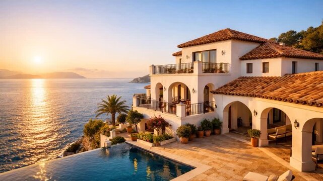Luxury Mediterranean villa with infinity pool overlooking the sea at sunset, showcasing elegant coastal architecture, warm golden light, and an exclusive vacation lifestyle.	