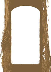 Obraz premium Vector frame with a realistic tree, banyan, or ficus with roots and branches in a gothic or grunge style. Space for inscription. Magical, fairytale, and mystical. Halloween party poster. No ai