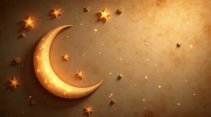 Fototapeta premium A glowing crescent moon and stars shine in a dark night sky