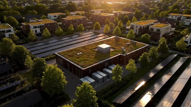 Aerial Golden Hour View of Sustainable Neighborhood Microgrid Hub