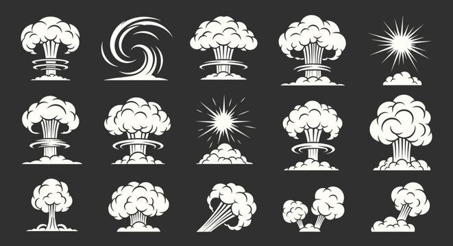Collection of stylized explosion and blast effects, including mushroom clouds and sunbursts, presented in a monochrome graphic style on a dark background.