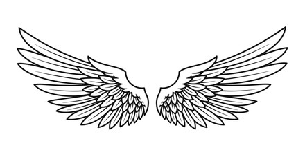 A striking black and white illustration of a pair of majestic, feathered angel wings spread wide against a clean white background. © Maziaa