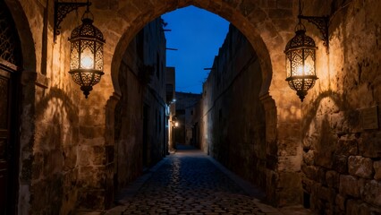 Fototapeta premium Dark Narrow Stone Alleyway Illuminated by Lanterns Under an Archway at Dusk