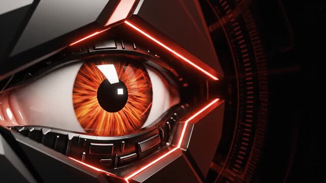Close-up of a futuristic robotic eye with orange iris and red neon lights in a metallic casing viewed from a sharp angle