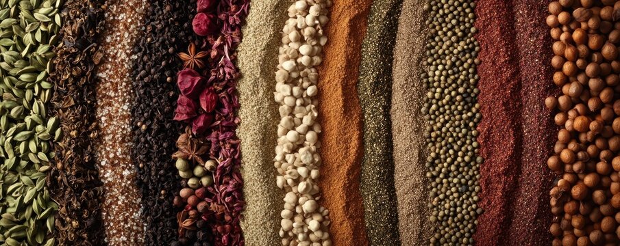 Colorful spice blend stripes, food texture, culinary background