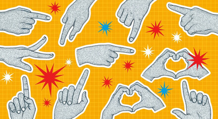 A vibrant collage of diverse hand gestures, including pointing, counting, and heart shapes, set against a bright yellow background with starbursts. © Maziaa