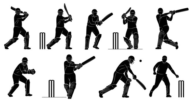 Collection of Silhouettes Depicting Various Cricket Player Actions and Poses on a White Background.