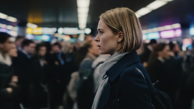 Woman waits on subway platform. Commuter scans crowd for train. Passenger stands among moving commuters. Urban station travel captures commute routine daily. Focused traveler observes busy platform.