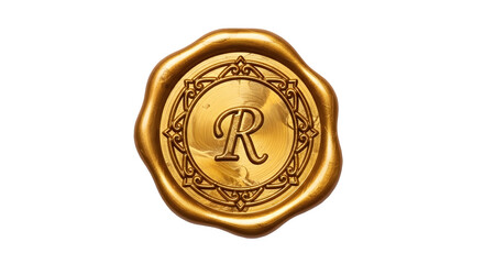 Golden wax seal with a letter on white background