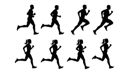 Silhouettes of male and female runners in motion, illustrating the different phases of a running stride.