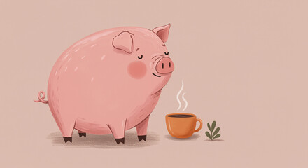 Fototapeta premium Adorable Pink Pig with Steaming Coffee Cup and Green Plant - Whimsical Illustration for Warmth and Comfort