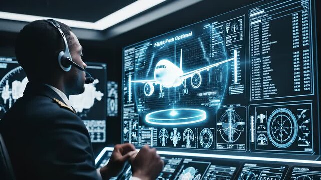 Pilot interacts with advanced flight control system in cockpit. Futuristic technology enhances navigation and safety. Professional atmosphere emphasizes precision and expertise.