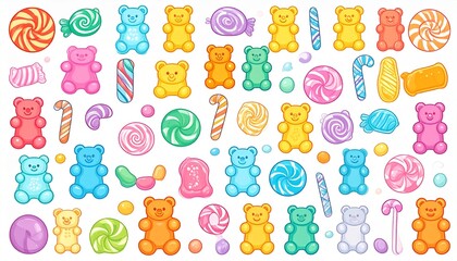Obraz premium Colorful candy and gummy bears on white background for sweet treats