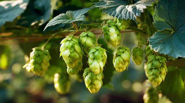 A cluster of green hop cones hanging from a vine with leaves in a natural setting