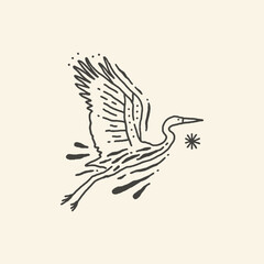 Fototapeta premium Elegant Black and White Line Art Illustration of a Graceful Flying Heron or Crane with Minimalist Details, Set Against a Neutral Background, Ideal for Nature-Inspired Branding and Design