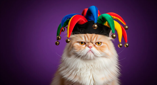 Grumpy Persian cat wearing a colorful jester hat with bells on a purple background