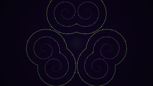 Luminous Digital Triskelion: Abstract Symmetrical Pattern of Glowing Spirals on Dark Background