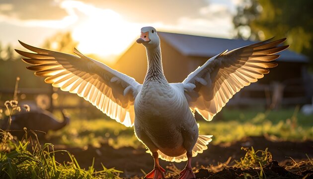 Ganso con alas extendidas al amanecer en granja rural iluminada por luz dorada