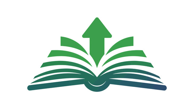 A green and blue vector graphic of an open book with an upward arrow emerging from the pages, symbolizing growth and knowledge.