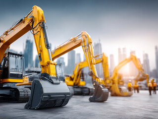 Yellow excavators lining up on construction site, preparing for urban development and city building work