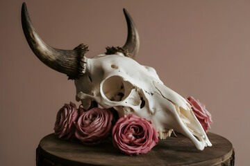Fototapeta premium A Cow Skull Adorned with Dusty Pink Roses on a Wooden Surface