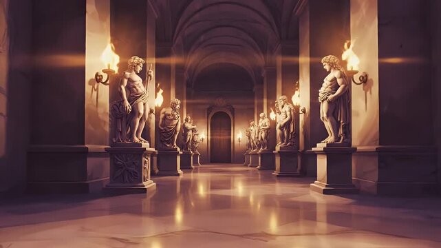 Ancient hall with classical statues illuminated by torch light