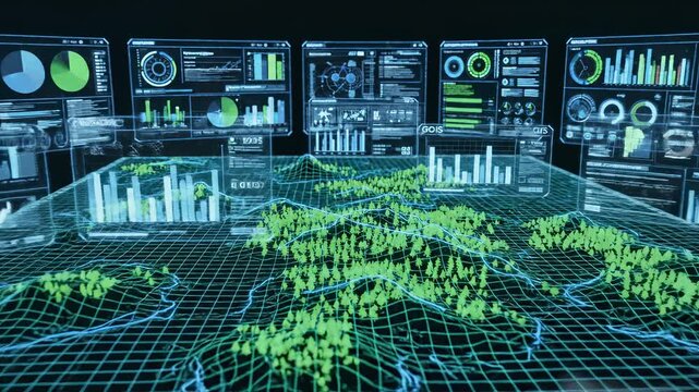 3D data visualization with interactive graphs and charts. Virtual environment showcases complex information processing. Technology supports analysis and decision-making.
