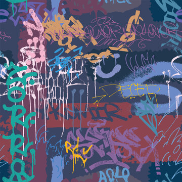 Abstract seamless chaotic pattern with graffiti words and strokes of paint. Grunge dirty texture, spray painting slogan. Wallpaper for boys. Fashion urban style, design print. Vector background