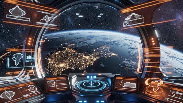 Futuristic spaceship cockpit view of Earth from space. High-tech interface displays data and visuals. Majestic cosmic scene inspires exploration and adventure.