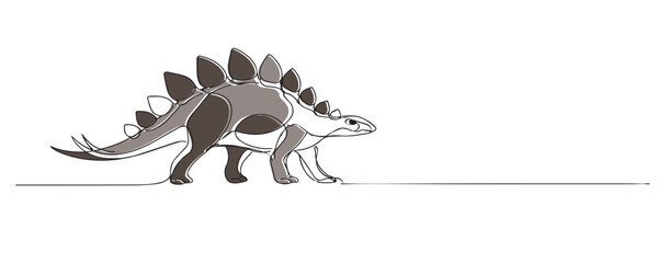 Line art drawing of a stegosaurus dinosaur walking in profile view. One line drawing for prehistoric life, wildlife illustration, and ancient nature concept. © fruitella
