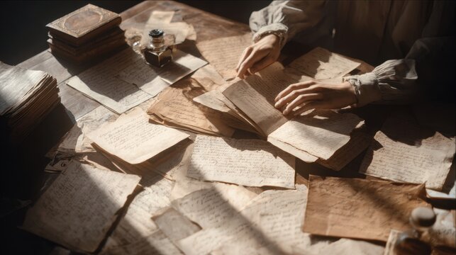 Historical writing desk with vintage letters and ink for antique study or literary inspiration
