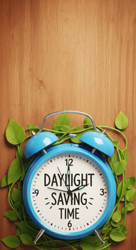 Blue alarm clock with daylight saving time text on a wooden background surrounded by green foliage