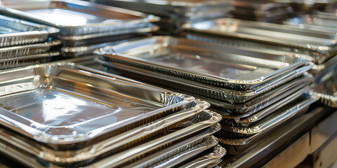 Neatly Stacked Shiny Aluminum Trays