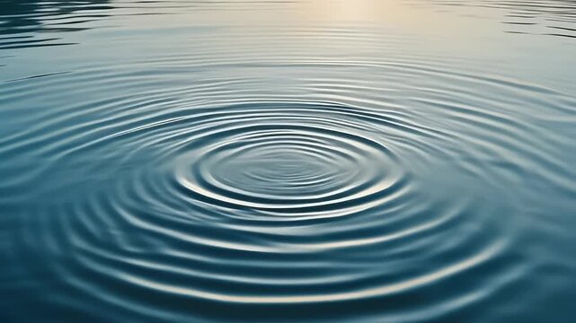 Close-up of water with concentric circular ripples emanating from a central point, light reflecting on surface