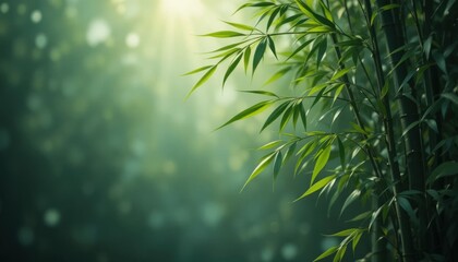 Naklejka premium Sunlight Filtering Through Bamboo Leaves in a Dense Forest During Midday Hours