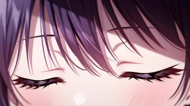 Anime girl big purple eyes change from starry pupils to glowing heart sign after blinking