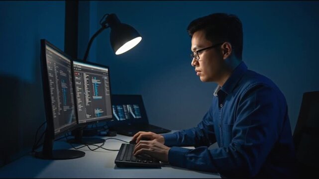 Young Asian man working late at night on his computer, coding and programming in a dimly lit office.